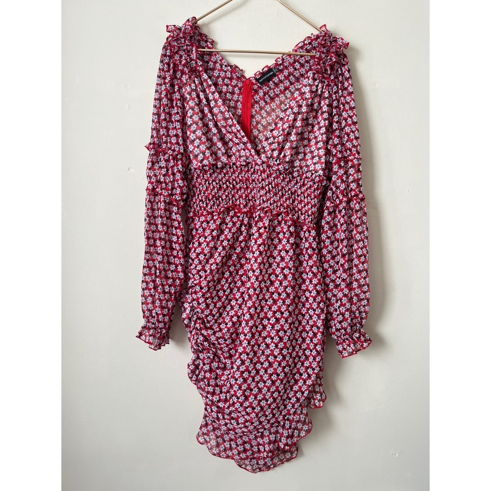 PrettyLittleThing Red Floral Smocked Waist Ruffle Mini Dress Long Sleeve Size 10